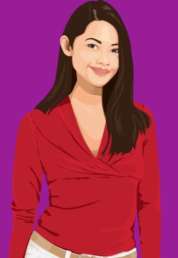 A cartoon woman with long dark hair and a red V-neck top smiles confidently against a purple background.