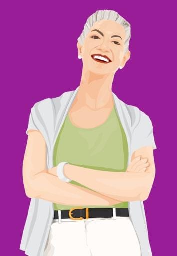 A cartoon woman with short gray hair, a light green top, white cardigan, and white pants laughs with her arms crossed against a purple background.